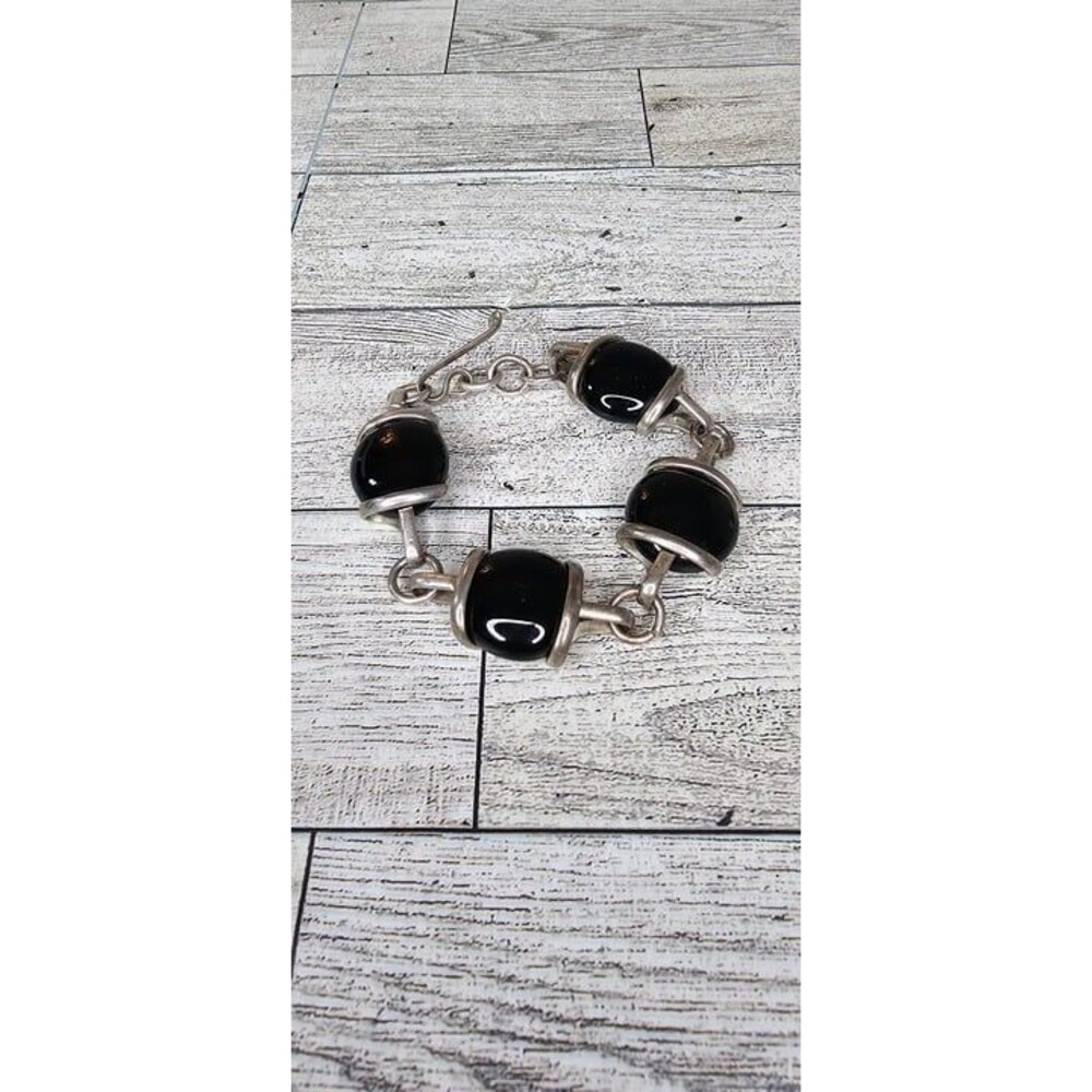Handmade Silver Tone Square Onyx Black Art Glass Reversible Link Bracelet